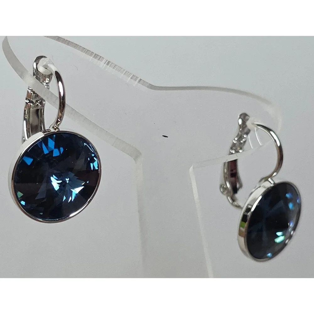 NEW Swarovski Montana BlueRound 13mm Leverback Drop Earrings Platinum Plated #3